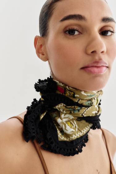 FLORAL PRINT SCARF WITH FRINGE - Taupe grey by Zara - Image 0