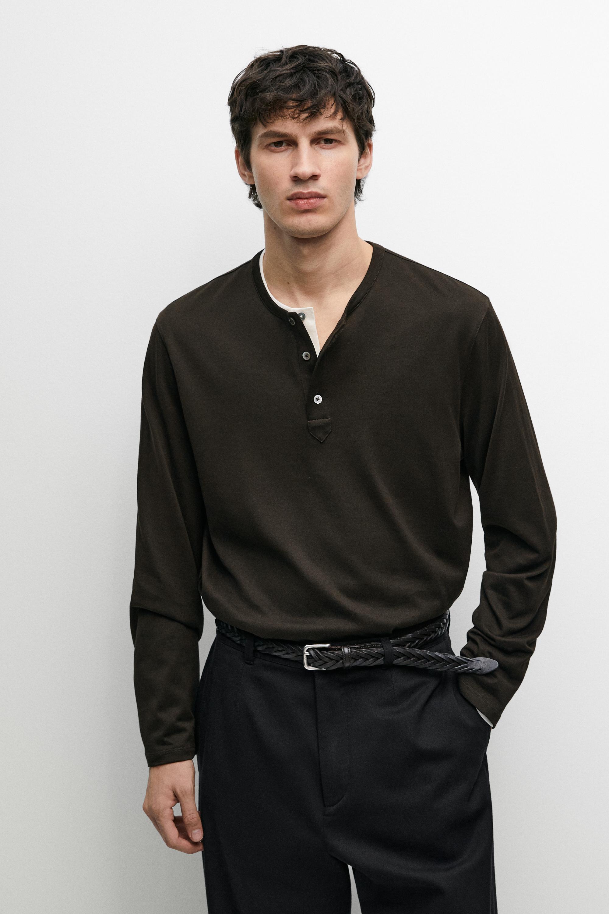 100% cotton long sleeve henley T-shirt