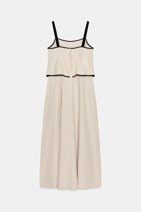 zara linen dress beige ZARA LINEN BLEND MIDI DRESS WITH BELT Dress made with a linen blend.  V-neck and sleeveless design. Featuring a belt and contrasting trims.  Crossover front with button fastening