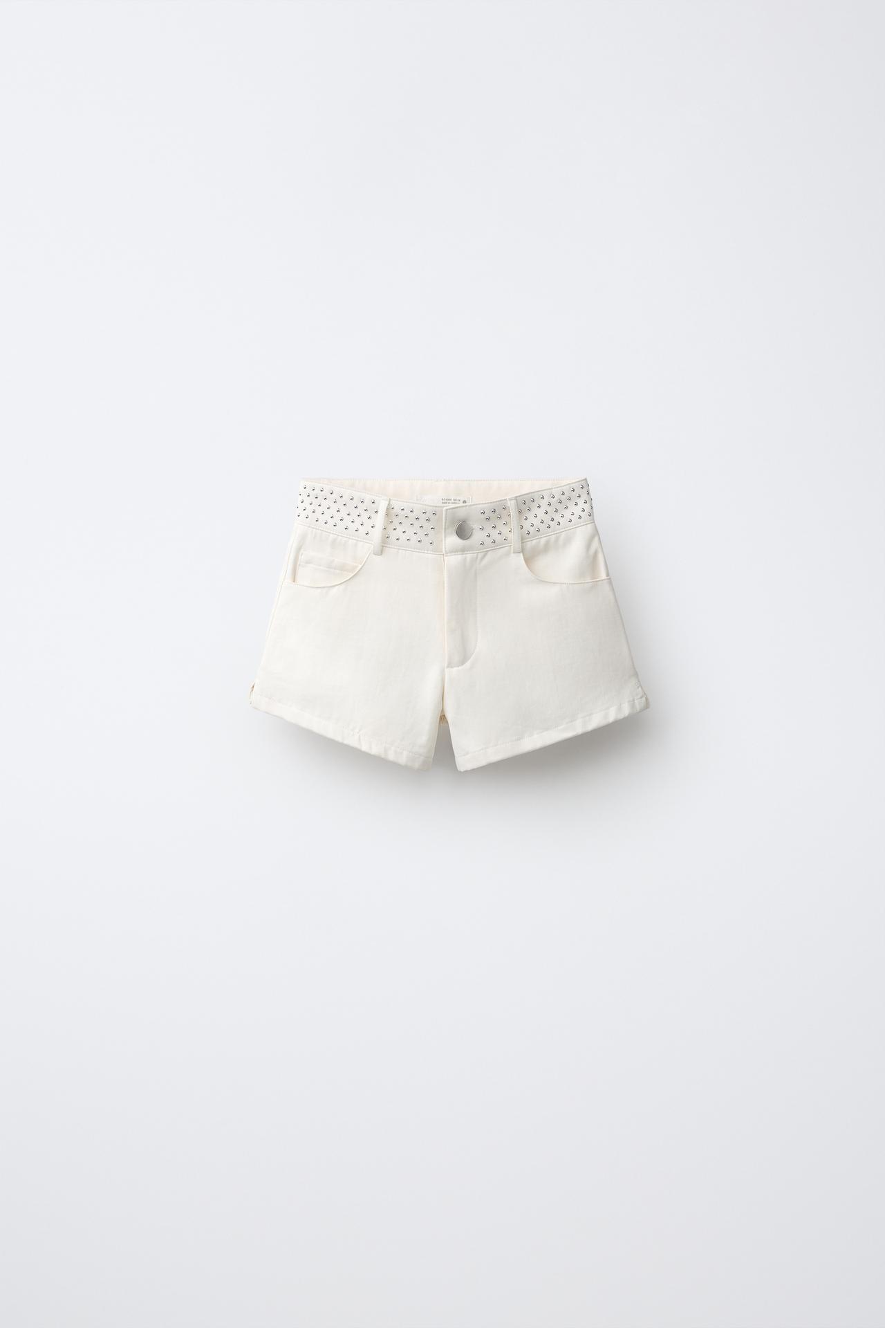 STUD AND STAR DETAIL SHORTS — Ecru