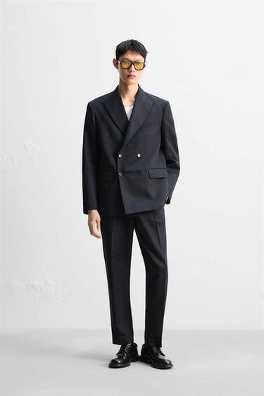 Zara 亞麻棉質混紡西裝外套 - 海藍色