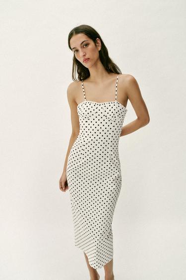 Zara CORSET-STYLE POLKA DOT MIDI DRESS - Black / White