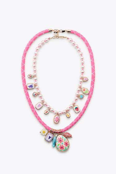 Zara PACK OF 2 PEARL CORD CHARM NECKLACES - Golden