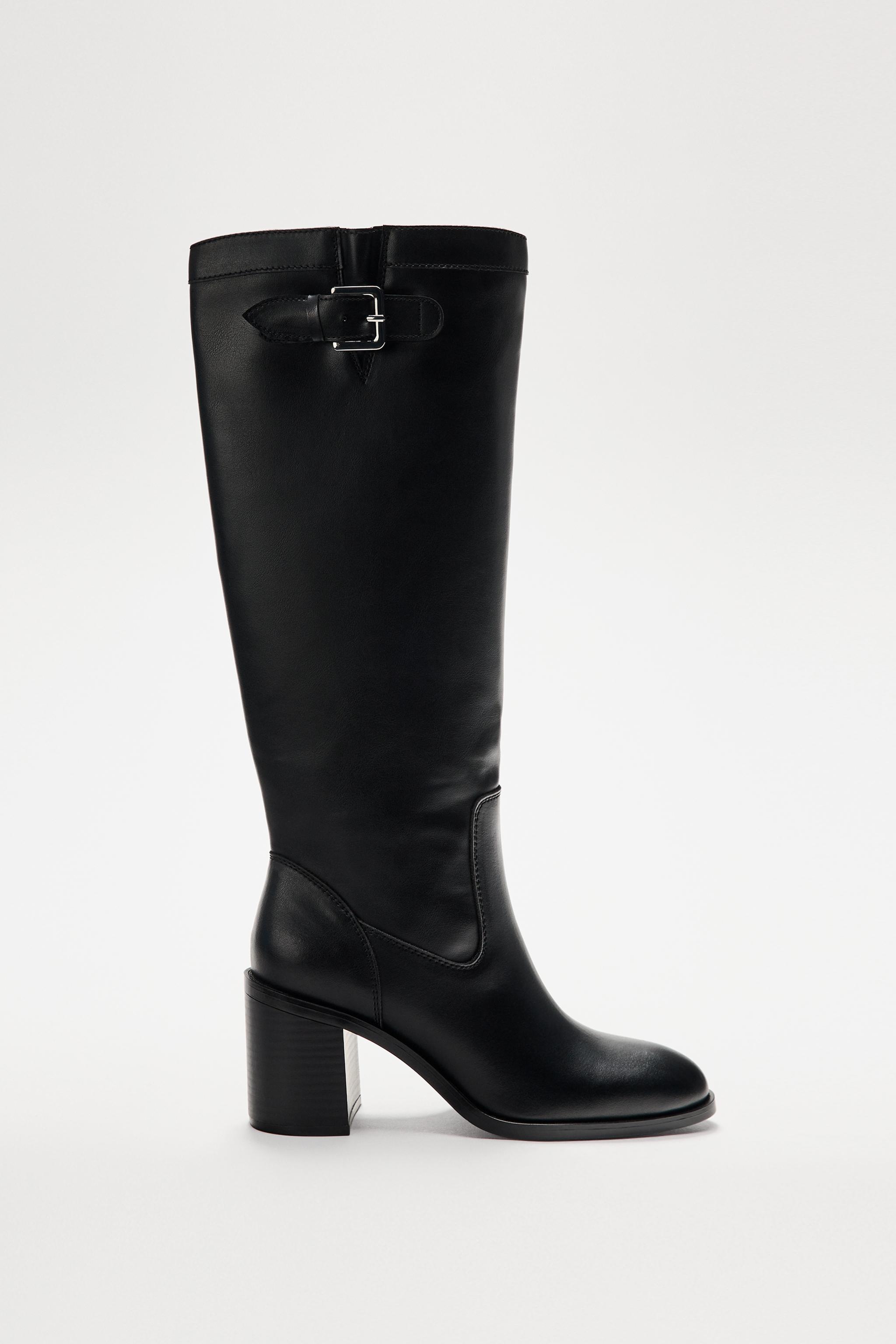 Zara Buckled Knee High Heeled Boots Black Women