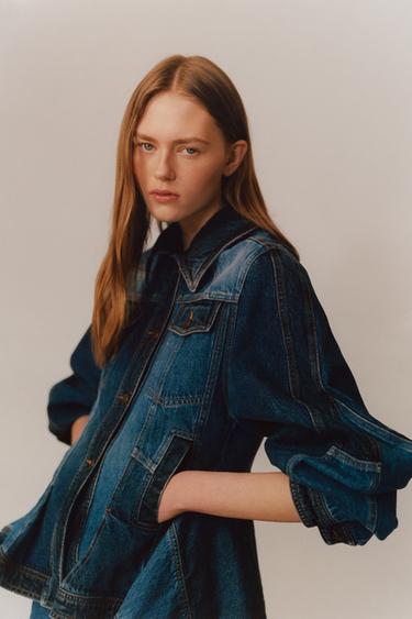 Zara LIMITED EDITION PATCHWORK DENIM PEPLUM JACKET - Blue