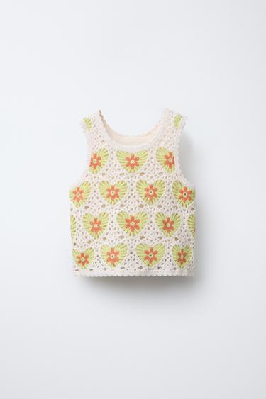 Zara CROCHET KNIT TOP - Green / Ecru