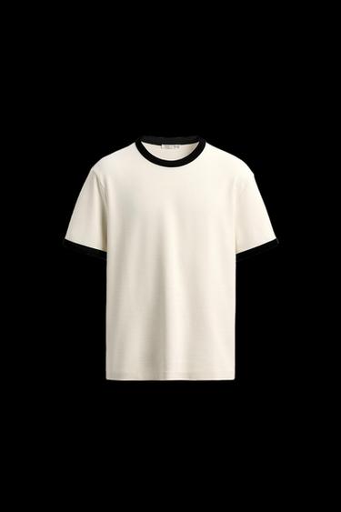Zara BASIC CONTRAST RIB T-SHIRT - Oyster-white