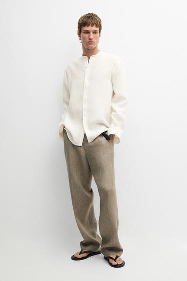 Zara 100% linen regular fit shirt with stand collar - Ecru - Image 0