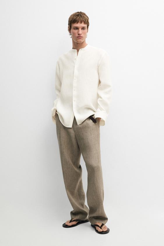 100% linen regular fit shirt with stand collar from Zara - $180