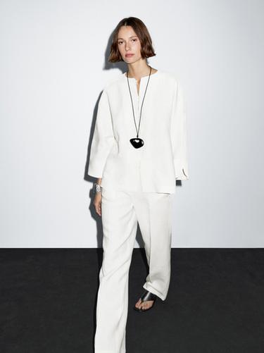 Zara 100% linen straight-fit suit trousers - Oyster-white - Image 0