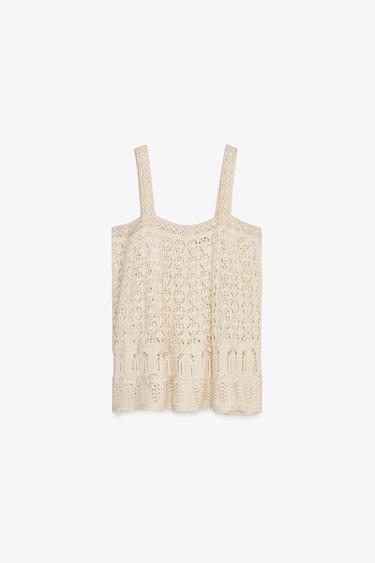 Zara POINTELLE KNIT LACE TOP - Ecru