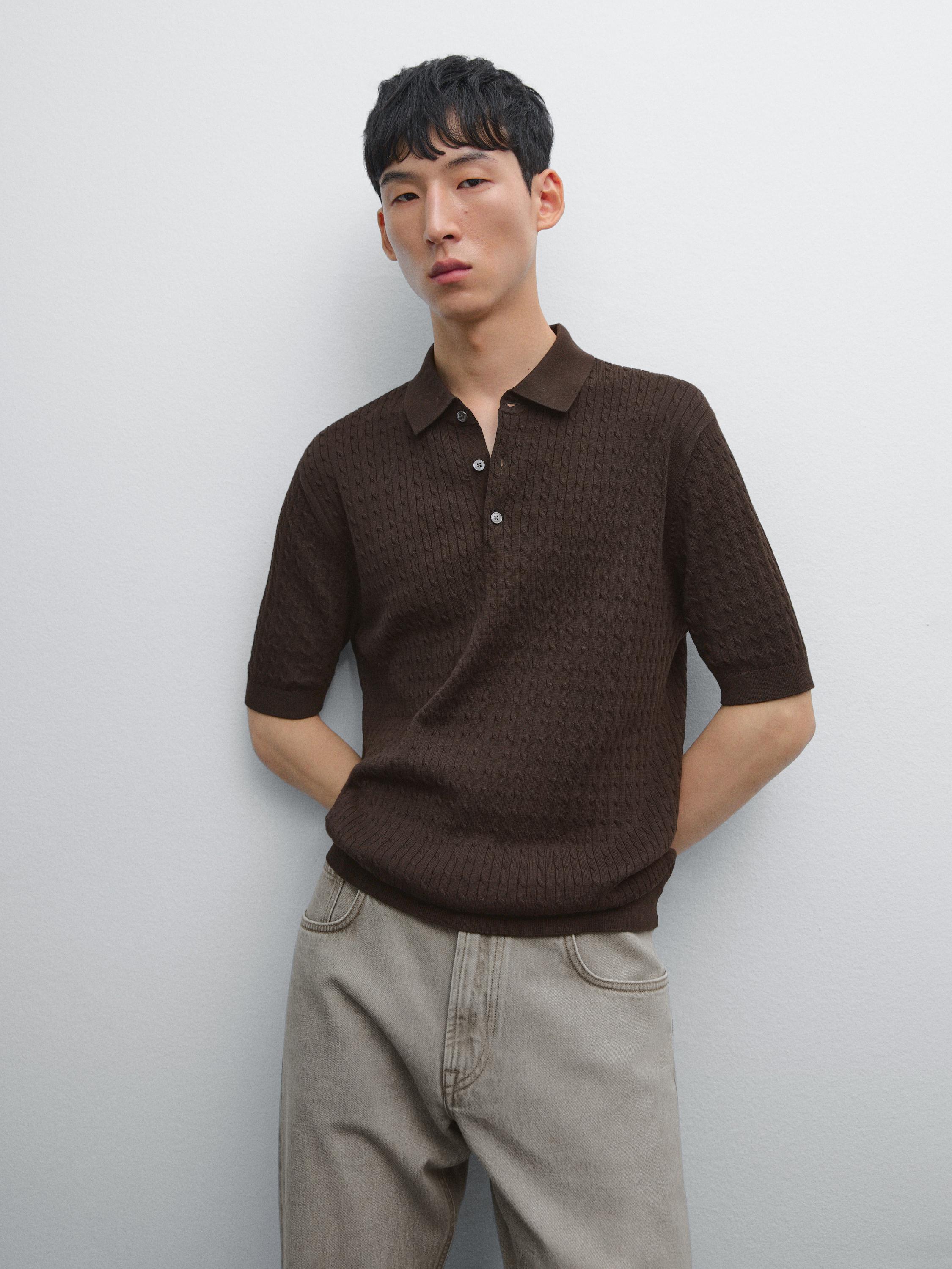 100% cotton cable-knit polo sweater
