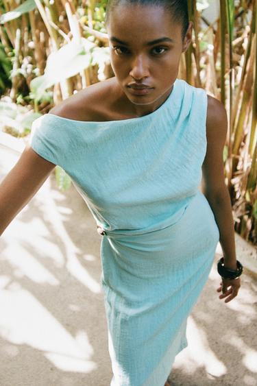 ROBE MIDI ASYMÉTRIQUE DÉCOR AVEC LIN - Turquoise de Zara - Image 5