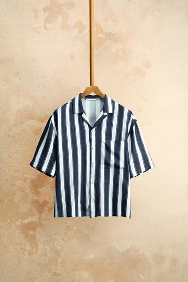 Zara VISCOSE STRIPED SHIRT - Navy / White