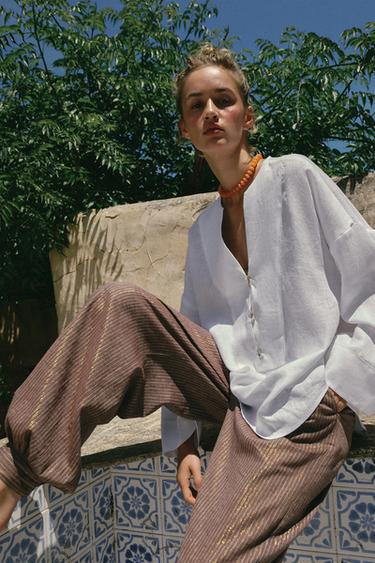 PANTALON BOUFFANT À LACETS AVEC LIN - Marron / Écru de Zara - Image 6