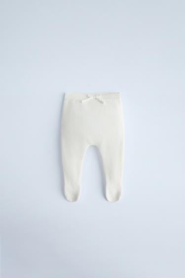 Zara BOW FOOTED KNIT LEGGINGS - Light ecru