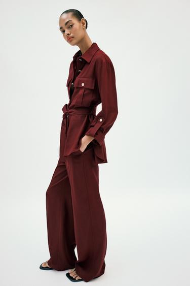 STRAIGHT-LEG LINEN BLEND TROUSERS - Burgundy by Zara - Image 2