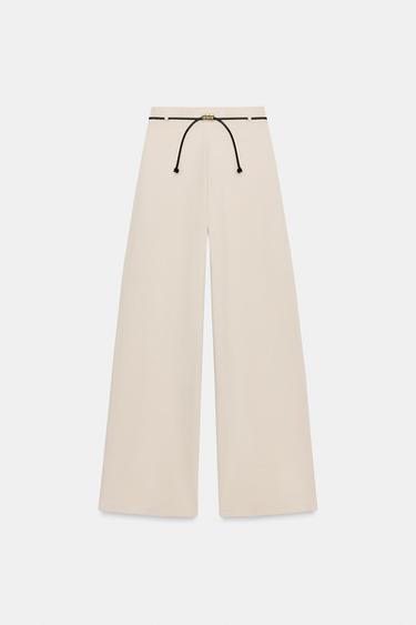 Zara PIQUE BELTED PANTS - Ecru