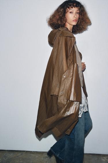 ZW COLLECTION OVERSIZE HOODED CAPE PARKA - Brown by Zara - Image 3