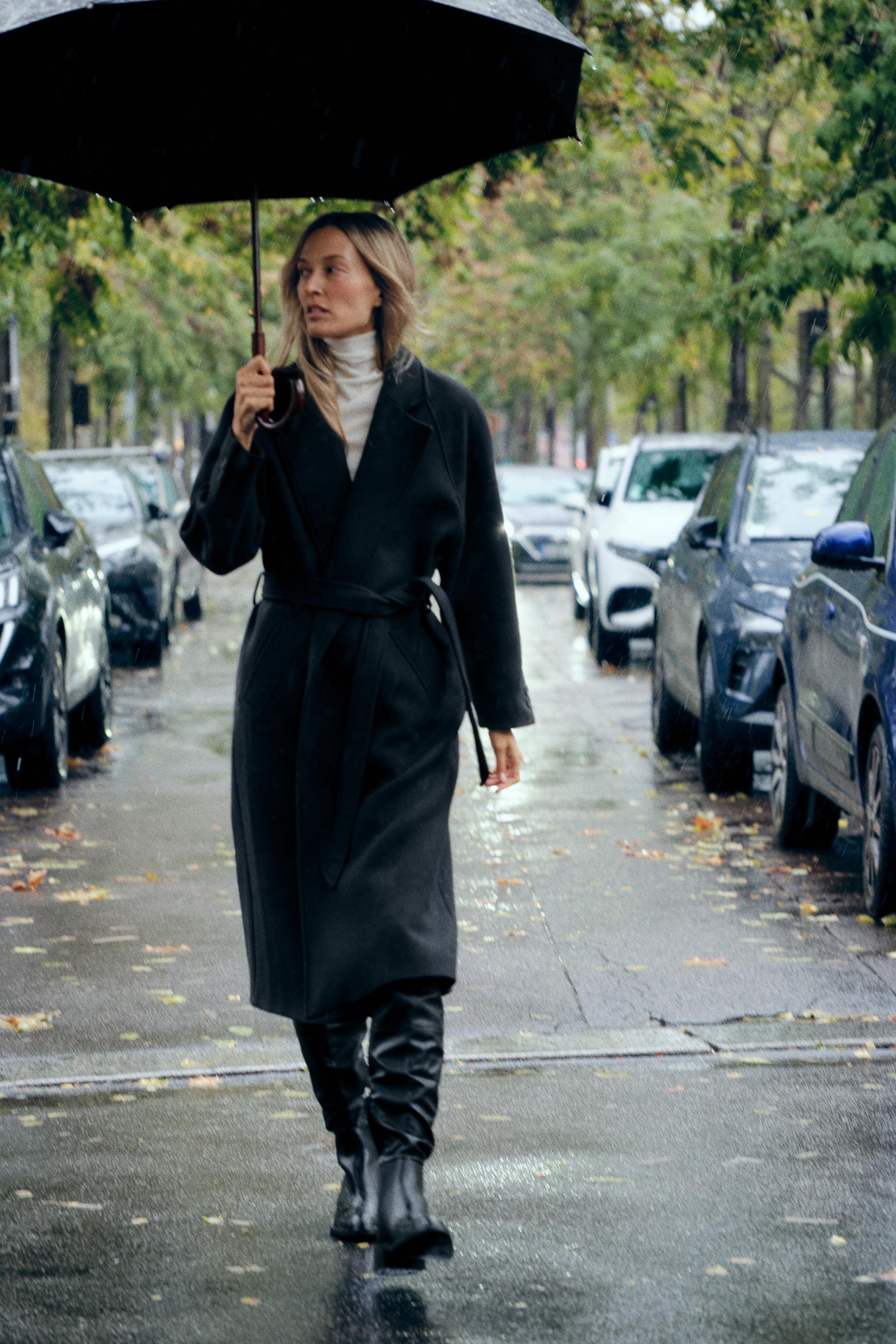 MANTEAU LONG AVEC CEINTURE ET LAINE Noir ZARA France