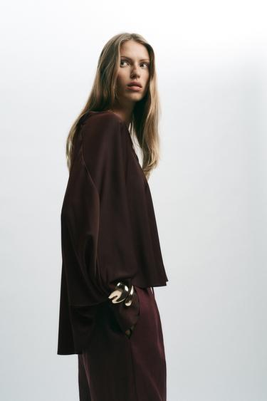 SATIN BLOUSE WITH CAPE SLEEVES - Brown by Zara - Image 2