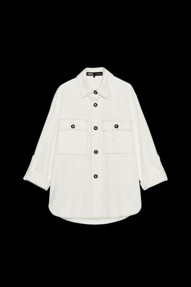 Zara OVERSHIRT WITH CONTRASTING TOPSTITCHING - Ecru - Image 0