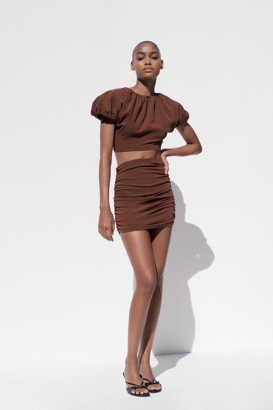 MINI JUPE À FRONCES - Marron clair de Zara - Image 0