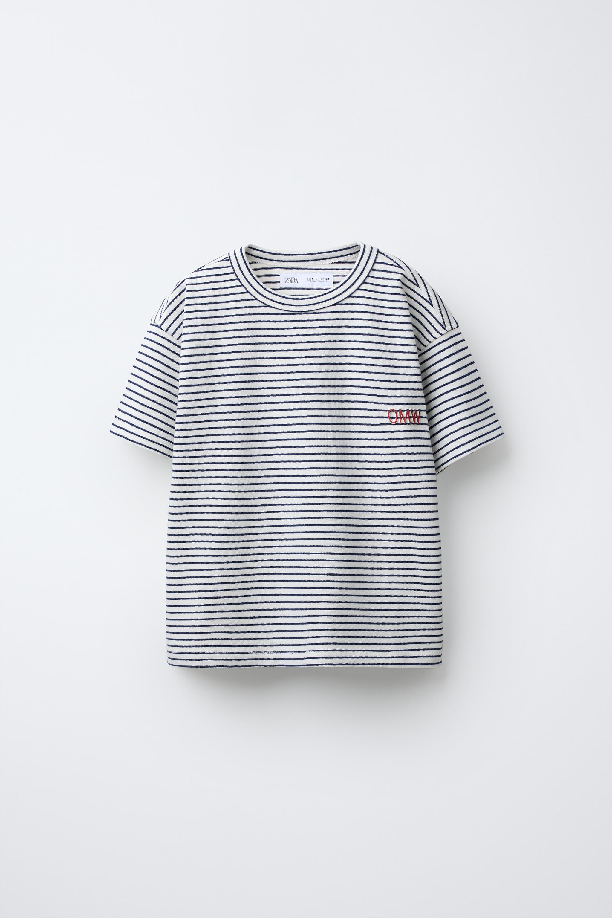 STRIPED EMBOSSED TEXT T-SHIRT - Navy blue | ZARA United States