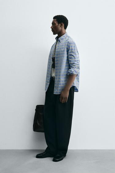 CHEMISE À CARREAUX COL BOUTONNÉ - Bleu de Zara - Image 4