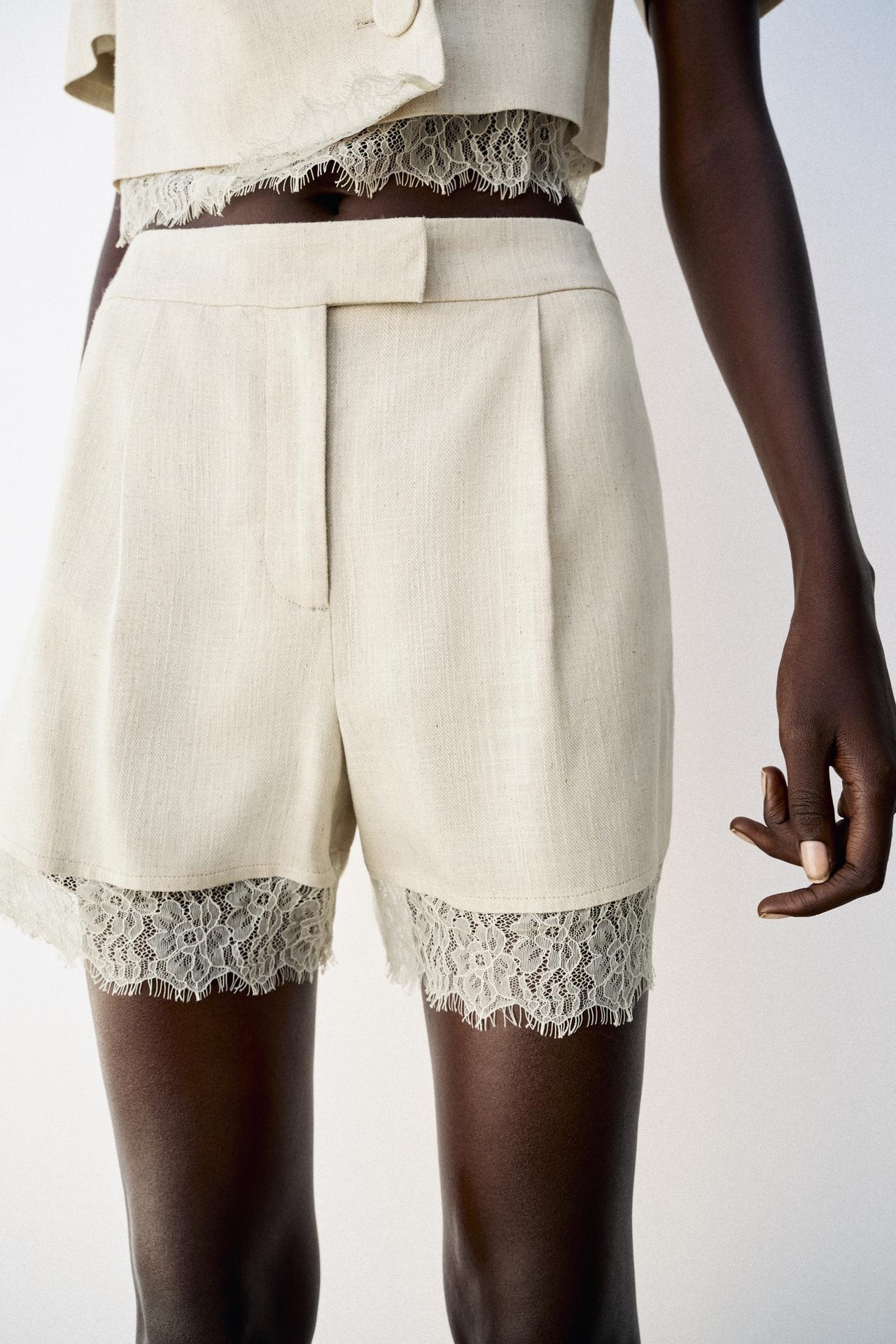 LACE TRIM SHORTS — Light beige