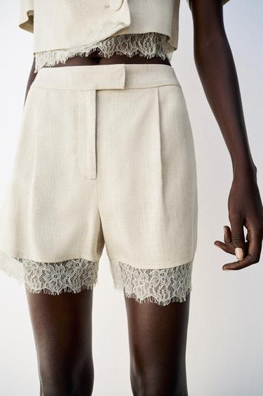 LACE TRIM SHORTS — Light beige 2