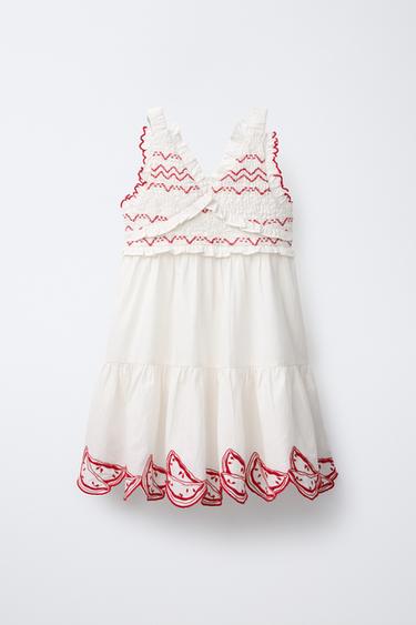Zara WATERMELON EMBROIDERED DRESS - Ecru / Red