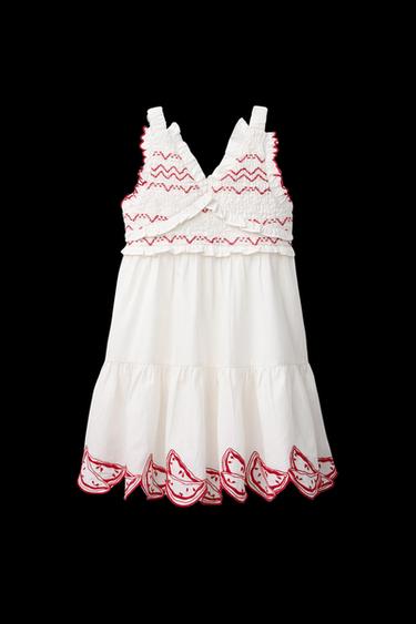 VESTIDO BORDADOS SANDÍAS - Crudo / Rojo de Zara - Imagen 0