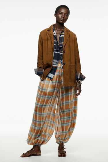 Zara ZW COLLECTION 苧麻格紋燈籠褲 - 橙色