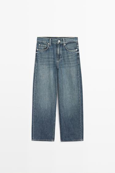 Jean wide leg cropped taille moyenne - Bleu moyen de Zara - Image 0