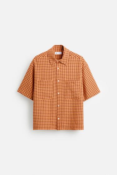 CAMISA SEERSUCKER XADREZ - Laranja da Zara