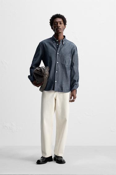 Zara TEXTURED CHAMBRAY SHIRT - Blue - Image 0