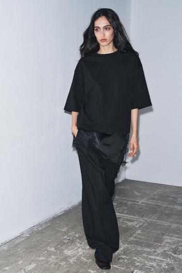 Zara COMBINATION LACE T-SHIRT - Black