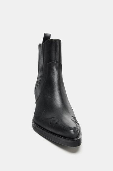 BOTTINES EN CUIR AVEC SURPIQÛRES COW-BOY - Noir de Zara - Image 4