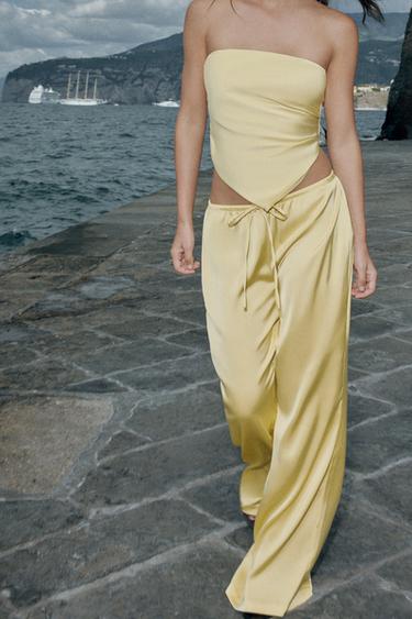 SATIN BANDEAU TOP WITH TIE - Yellow by Zara