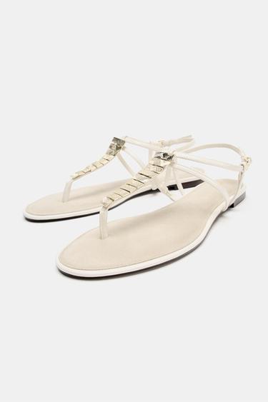 FLAT SANDALS WITH METAL APPLIQUES - Ecru White by Zara - Image 3