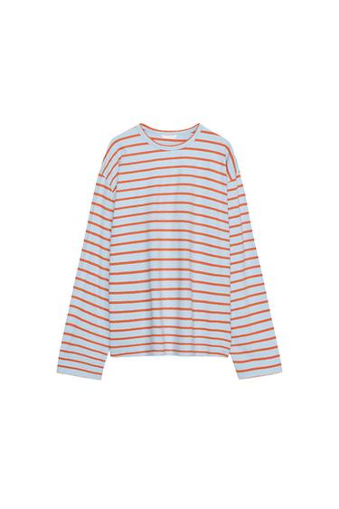 CAMISETA ALGODÓN Y LINO RAYAS - Azul pastel de Zara