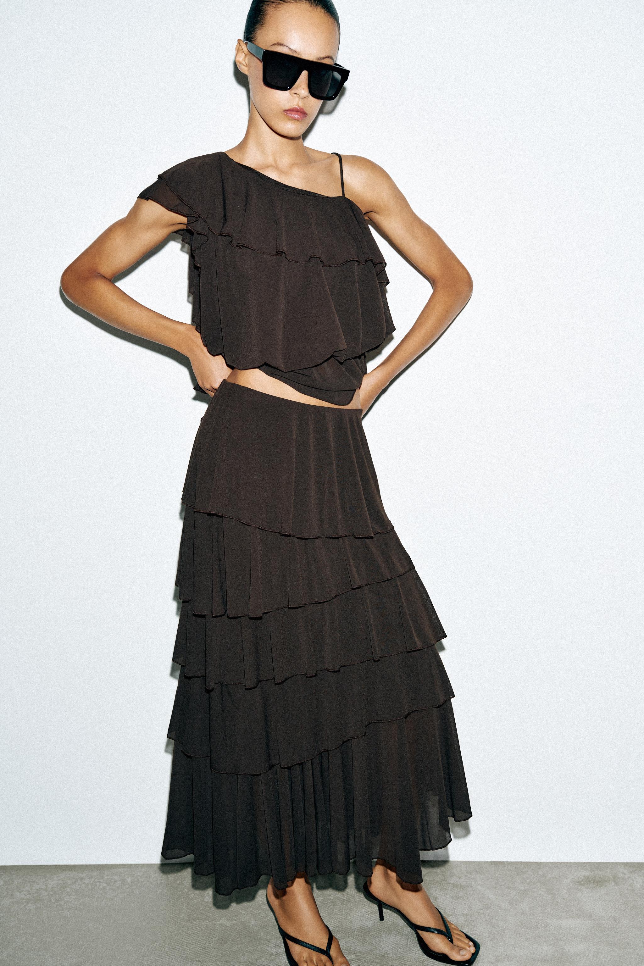 RUFFLED MIDI SKIRT — Dark brown