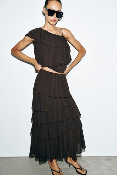 Zara RUFFLED MIDI SKIRT - Dark brown