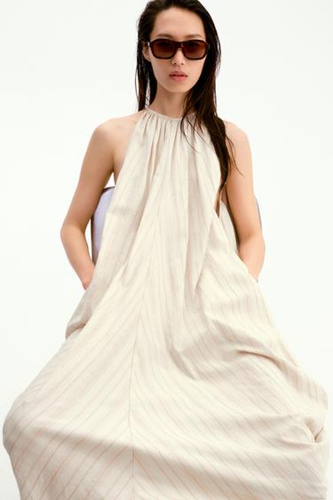Zara ZW COLLECTION 亞麻混紡削肩洋裝 - 條紋
