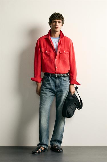 100% LINEN REGULAR FIT OVERSHIRT - Red by Zara - Image 0