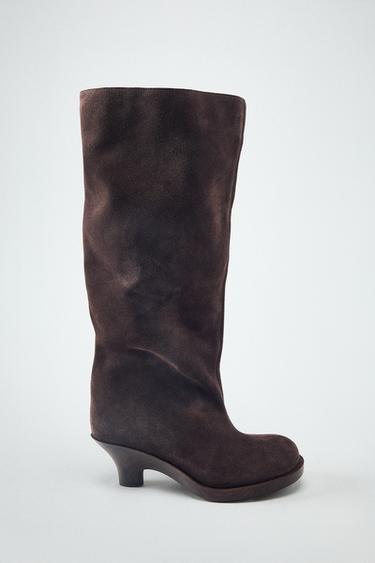 SPLIT SUEDE KITTEN HEEL BOOTS - Brown by Zara