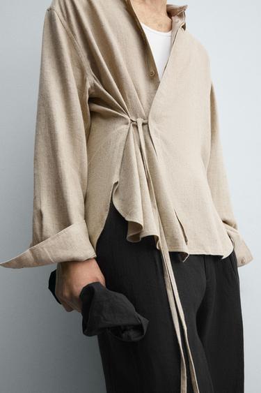 LINEN-VISCOSE TIE SHIRT - Sand by Zara - Image 4