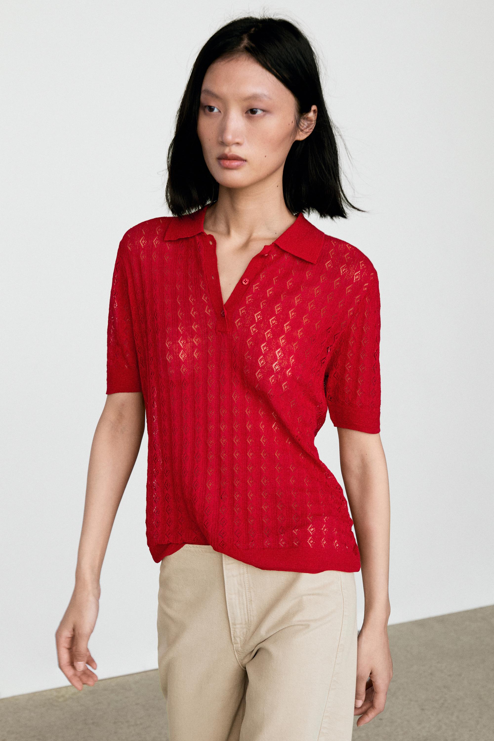 Open-knit polo sweater — Red