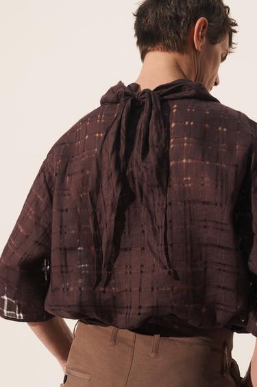 TEXTURED 100% LINEN SHIRT WITH SCARF - Dark aubergine by Zara - Image 2